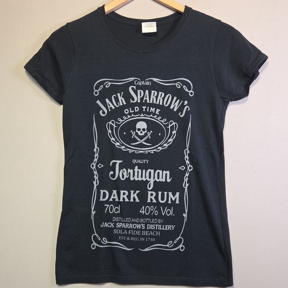 Captain Jack Sparrow Tortugan Dark Rum T Shirt Womens Small Black Pirate Tee